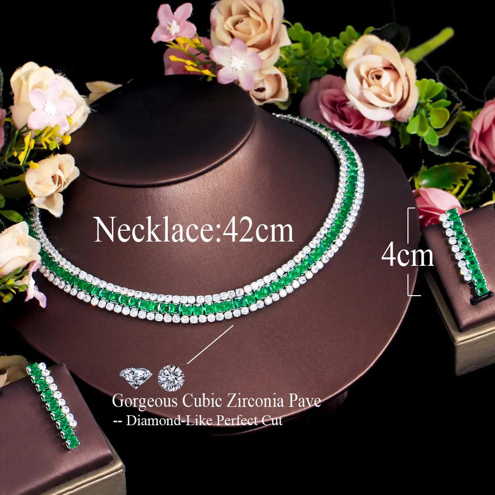 T0915 Sparkly Multiple Green Cubic Zirconia Setting Silver Plated 2pcs Bridal Wedding Event Round Necklace and Earring Jewelry Sets