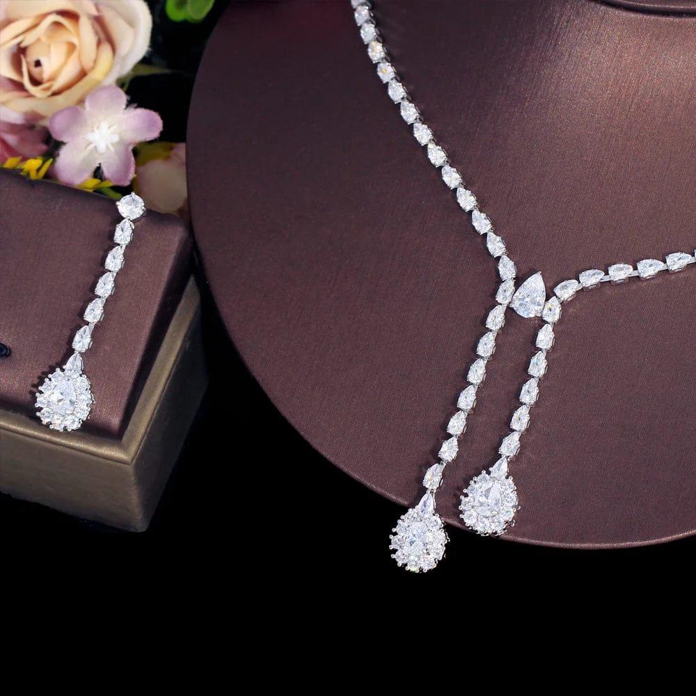 T0916 Luxury Bling Cubic Zirconia Crystal Bridal bridesmaid Jewelry Set for Wedding Drop Earrings and Necklace Jewelry Accessories