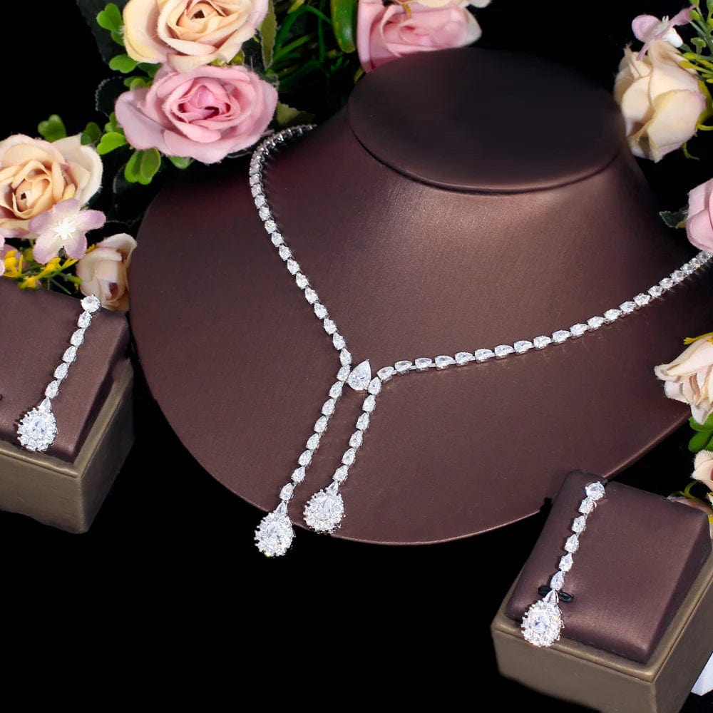 T0916 Luxury Bling Cubic Zirconia Crystal Bridal bridesmaid Jewelry Set for Wedding Drop Earrings and Necklace Jewelry Accessories