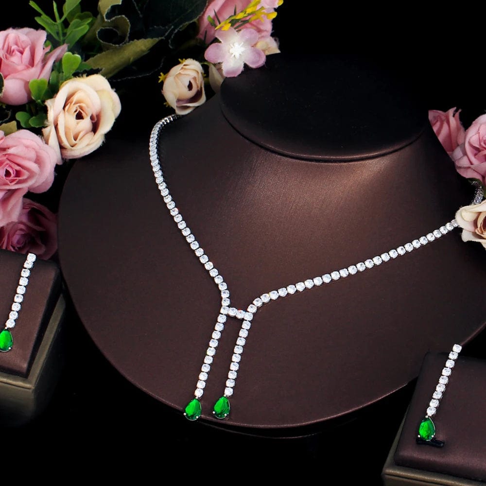 T0925 New Fashion Concise Style Green Stone Bridal Wedding Jewelry Set for Women Cubic Zirconia Party Low Price Jewellery