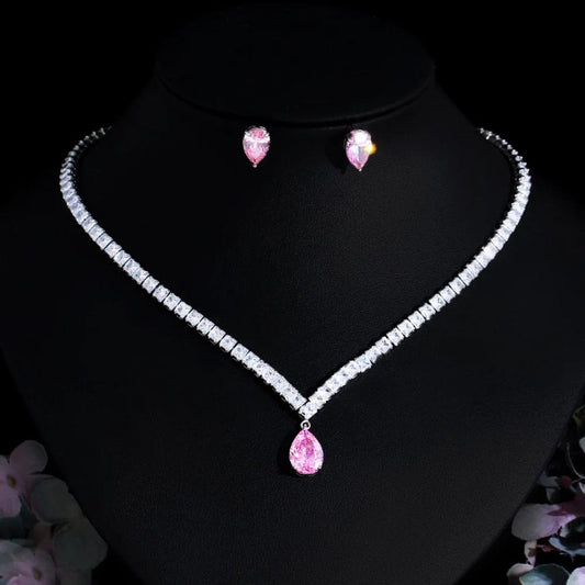 T0926 Elegant Shiny Pink Cubic Zirconia Stone Female Gift Wedding Engagement Party Necklace Bridal Jewelry Sets with Wholesale Price