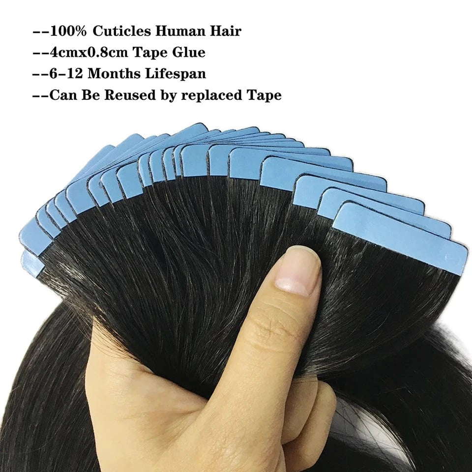 Tape In Human Hair Straight Extensions Color 1B 100% Remy Skin Weft  For Salon High Quality for Woman