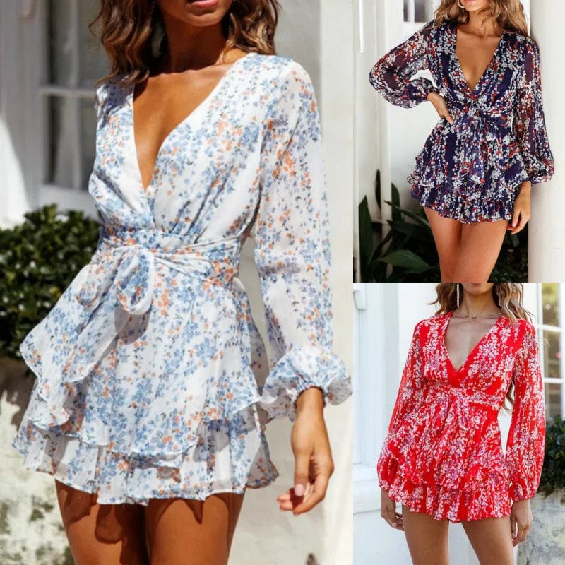 Taro purple Floral fashion jumpsuit Summer breathable Long sleeve V-neck gentle style Jumpsuit shorts Women's clothing