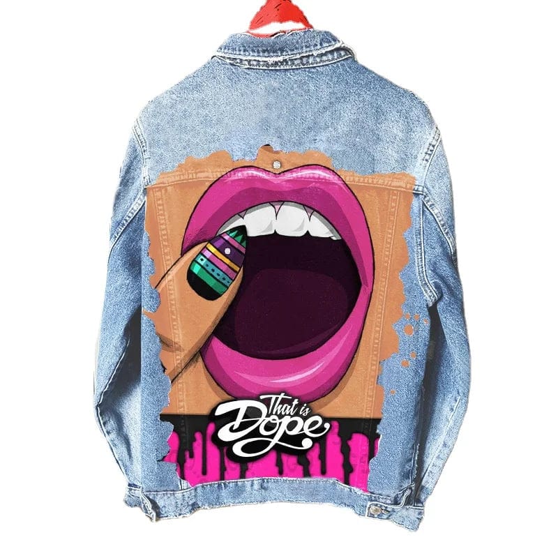 Teeth Pattern Casual European and American Printing Trend Hip-hop Denim Jacket Long Sleeved Loose Jacket for Women