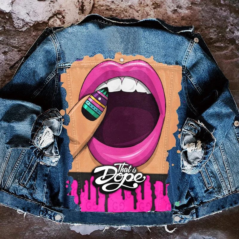 Teeth Pattern Casual European and American Printing Trend Hip-hop Denim Jacket Long Sleeved Loose Jacket for Women