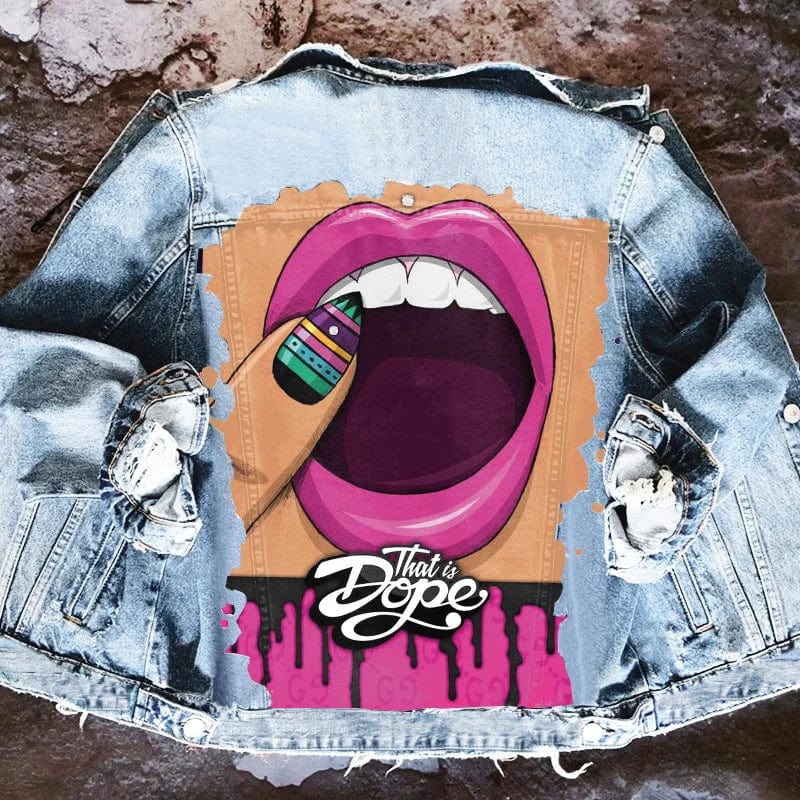 Teeth Pattern Casual European and American Printing Trend Hip-hop Denim Jacket Long Sleeved Loose Jacket for Women