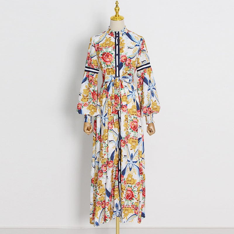 Temperament Elegant Holiday Style Split Long Dress 2022 Autumn Fashion Stand-up Collar Long-sleeved Flower Print Lace-up Dress