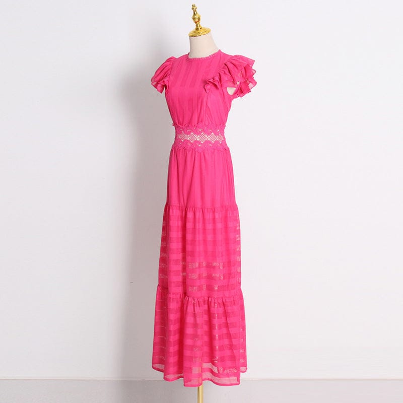 Temperament Lady Style Solid Long Skirt 2022 Autumn New Round Neck Sleeveless Ruffle Lace Hollow Dress