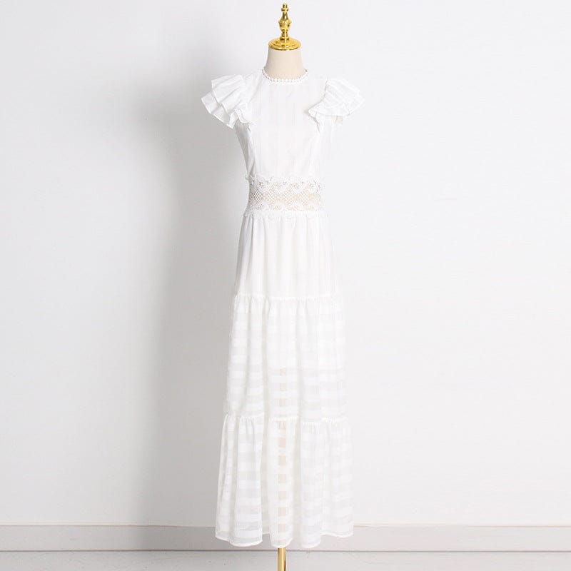 Temperament Lady Style Solid Long Skirt 2022 Autumn New Round Neck Sleeveless Ruffle Lace Hollow Dress