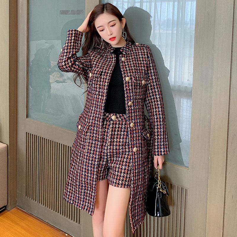 Temperament tweed woolen coat women's mid-length plaid coat shorts suit two-piece autumn and winter new style 78650160