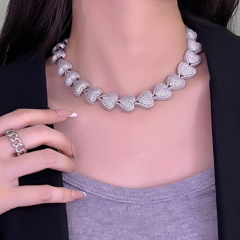 tennis  chain / 18inches / rhodium FOXI jewelry wholesale Iced Out CZ Heart Shape Necklace Fashion Jewelry Heart chunky cuban Choker necklace Women Man Necklace