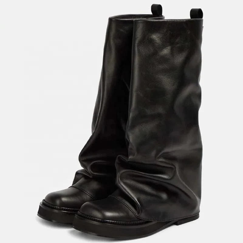 Thick Sole Loose Upper Shoes Leather Flat Heels Square Toe Slouchy Long Boots Women's Wide Fit Knee High Booties