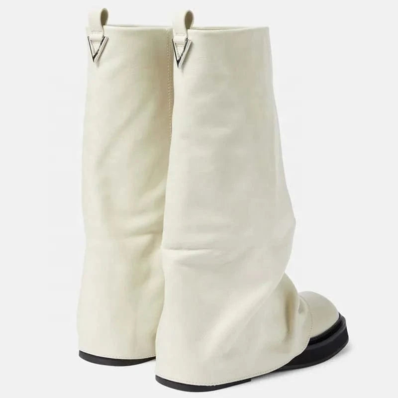 Thick Sole Loose Upper Shoes Leather Flat Heels Square Toe Slouchy Long Boots Women's Wide Fit Knee High Booties