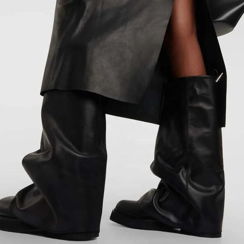 Thick Sole Loose Upper Shoes Leather Flat Heels Square Toe Slouchy Long Boots Women's Wide Fit Knee High Booties