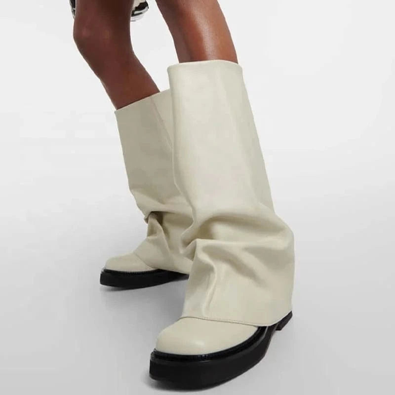 Thick Sole Loose Upper Shoes Leather Flat Heels Square Toe Slouchy Long Boots Women's Wide Fit Knee High Booties