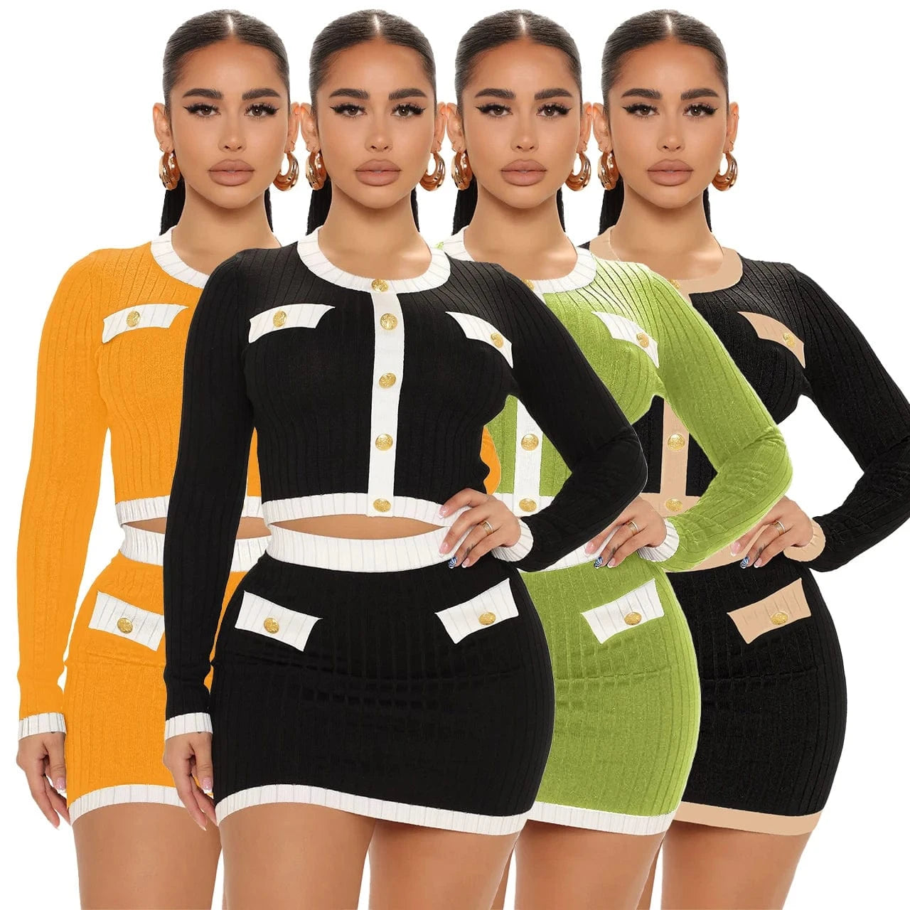 Threaded crewneck, contrasting long sleeves, short skirt, small fragrance suit