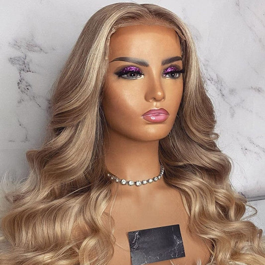 Top Grade Shiny Blonde Color Body Wave Pre Plucked Full European Virgin Hair Lace Frontal Closure Wigs For Women