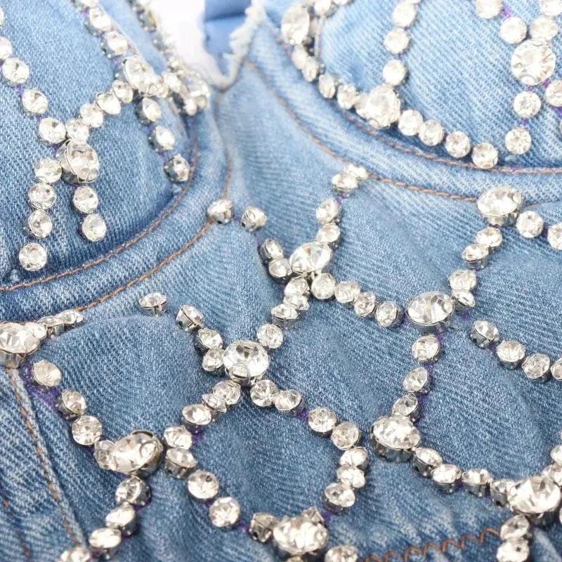Top High Quality Mesh studded corset Diamond-stud All Denim Sexy Jean Top Corsets