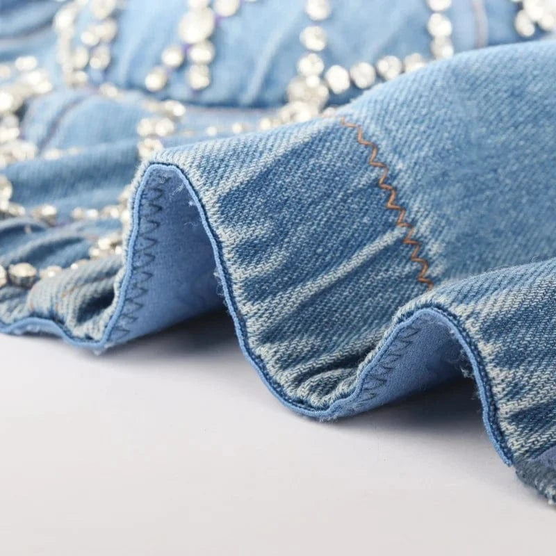 Top High Quality Mesh studded corset Diamond-stud All Denim Sexy Jean Top Corsets