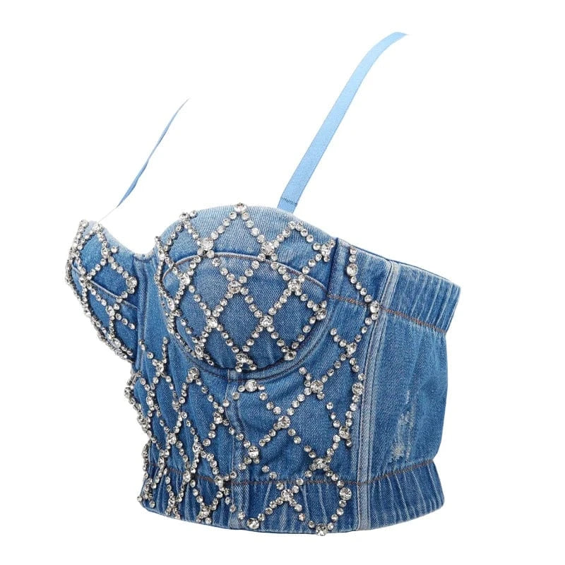 Top High Quality Mesh studded corset Diamond-stud All Denim Sexy Jean Top Corsets