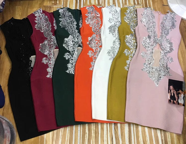 Top Quality Front Deep V-neck Hollow Out Slip Rayon Bandage Dress Night Club Party Dress