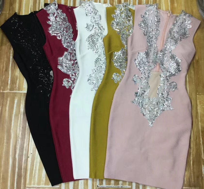 Top Quality Front Deep V-neck Hollow Out Slip Rayon Bandage Dress Night Club Party Dress