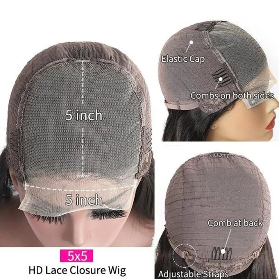 Top quality natural color 180% density 5*5 closure wigs virgin hair deep wave wig for black women hd lace wig