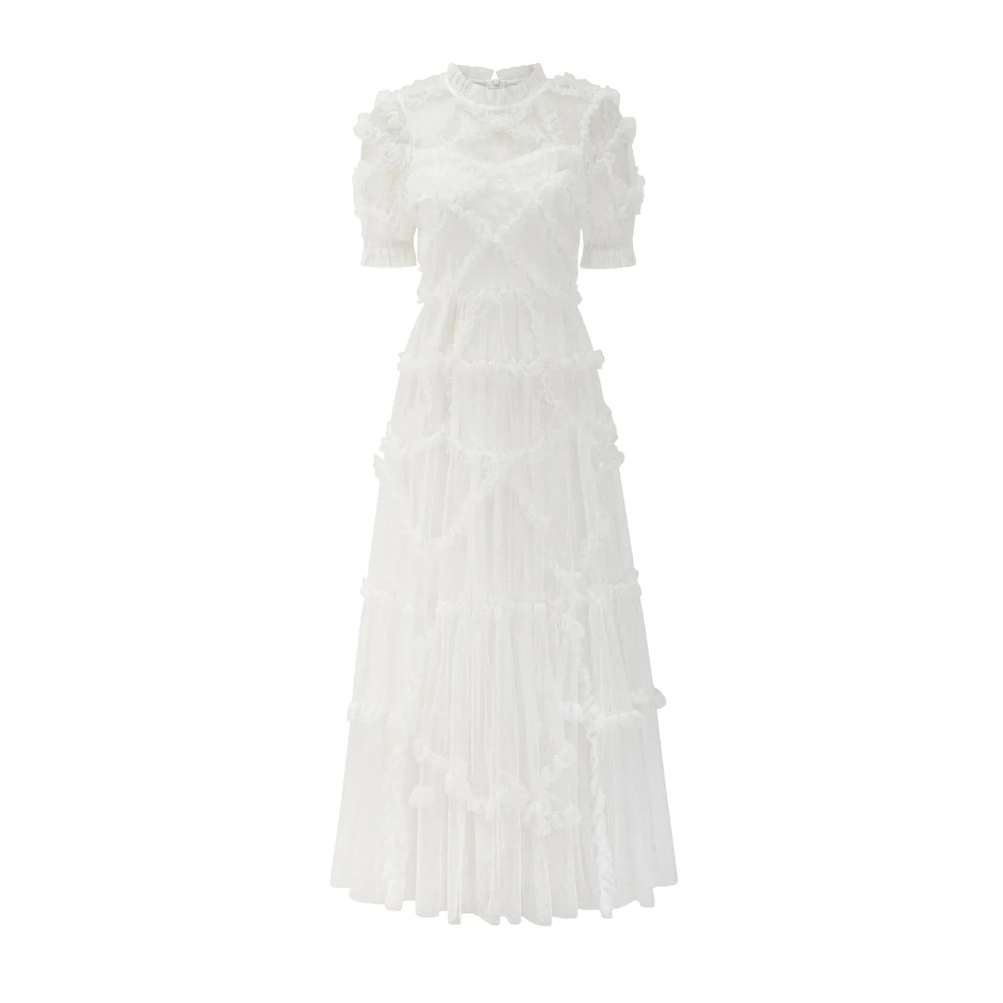 Top Quality New Long Party Lady Dress Dot Print Ruffle Flower Patterns Short Sleeve Sexy Tulle Mesh Dress Maxi