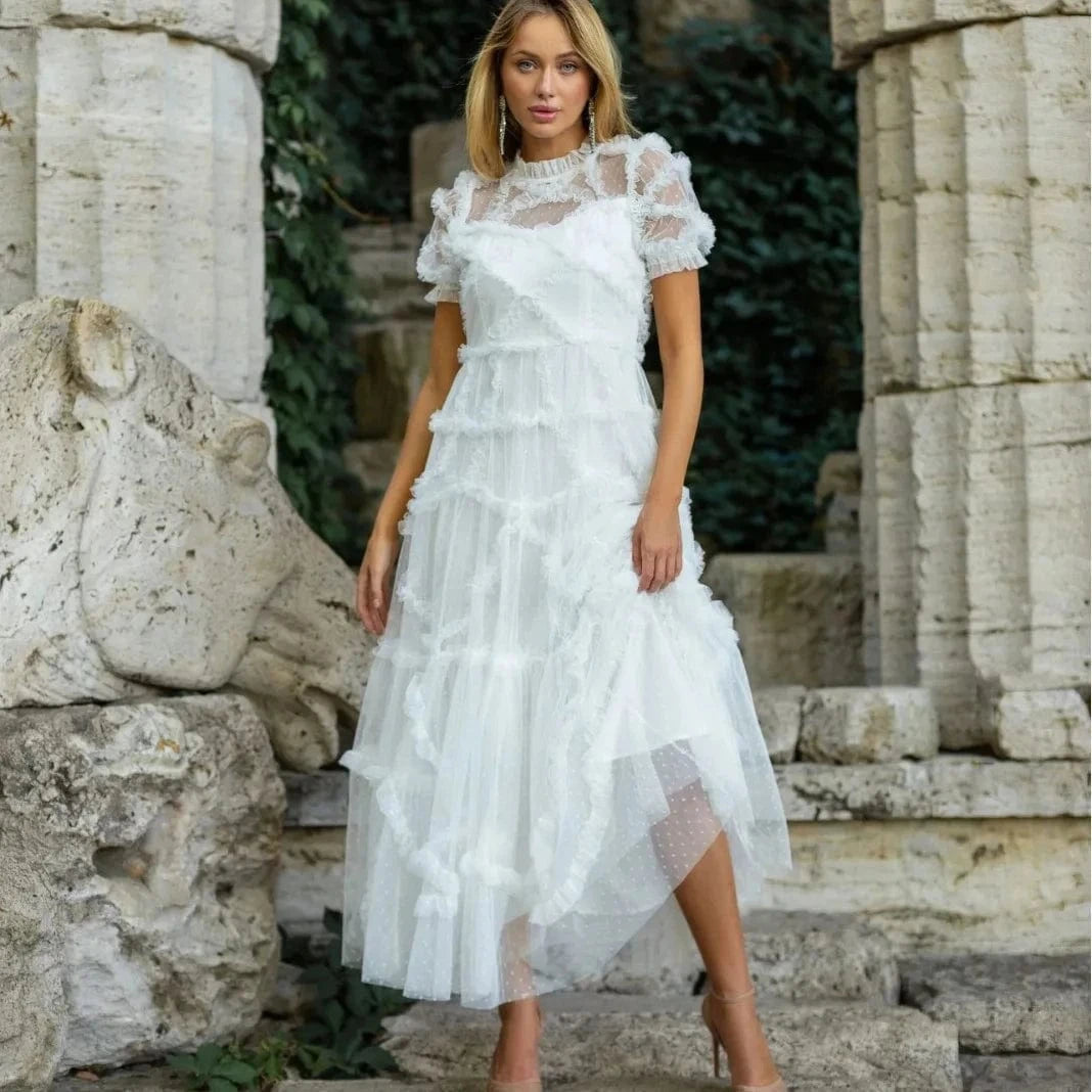 Top Quality New Long Party Lady Dress Dot Print Ruffle Flower Patterns Short Sleeve Sexy Tulle Mesh Dress Maxi