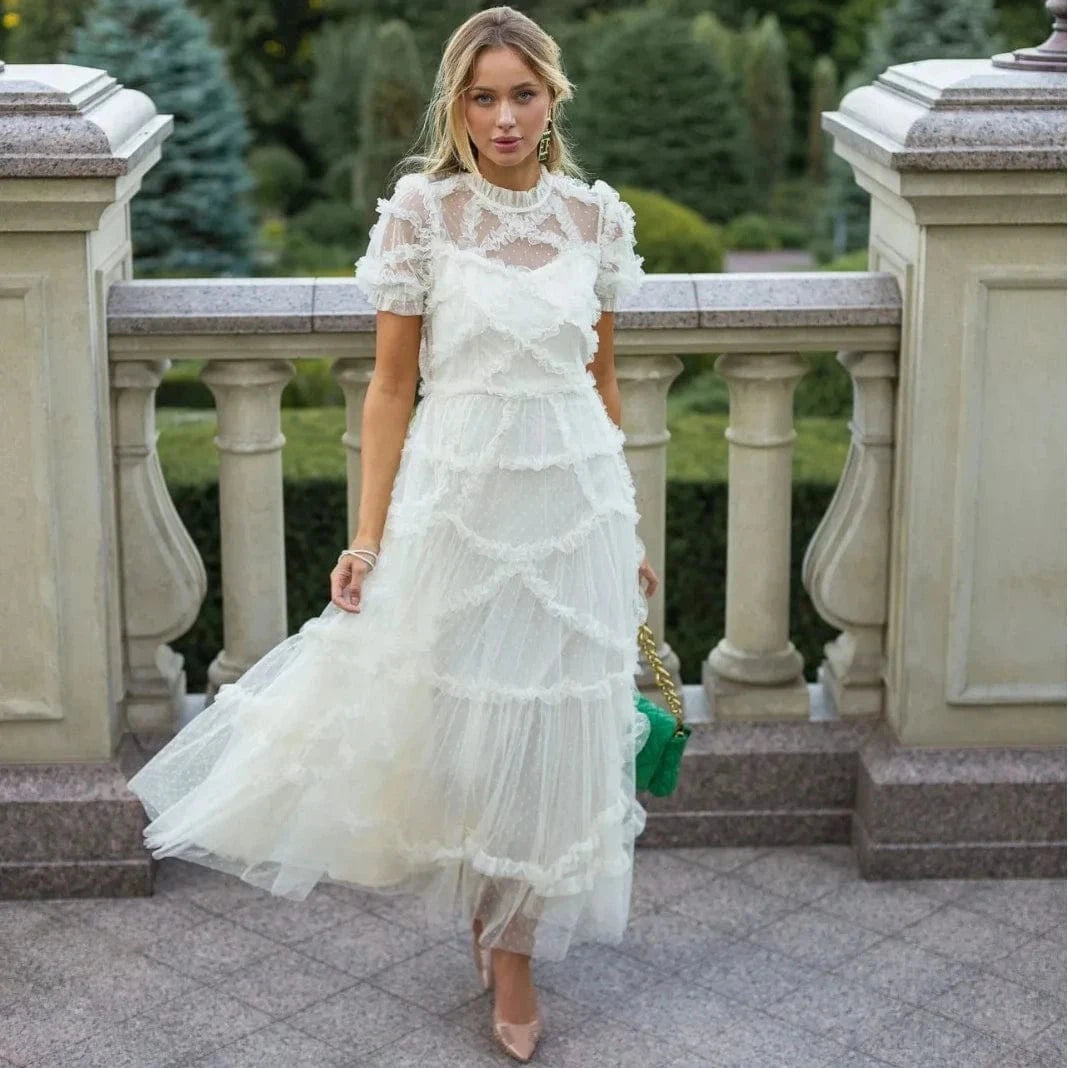 Top Quality New Long Party Lady Dress Dot Print Ruffle Flower Patterns Short Sleeve Sexy Tulle Mesh Dress Maxi