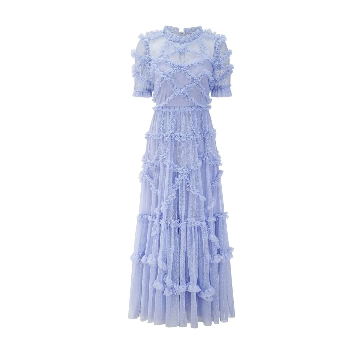 Top Quality New Long Party Lady Dress Dot Print Ruffle Flower Patterns Short Sleeve Sexy Tulle Mesh Dress Maxi