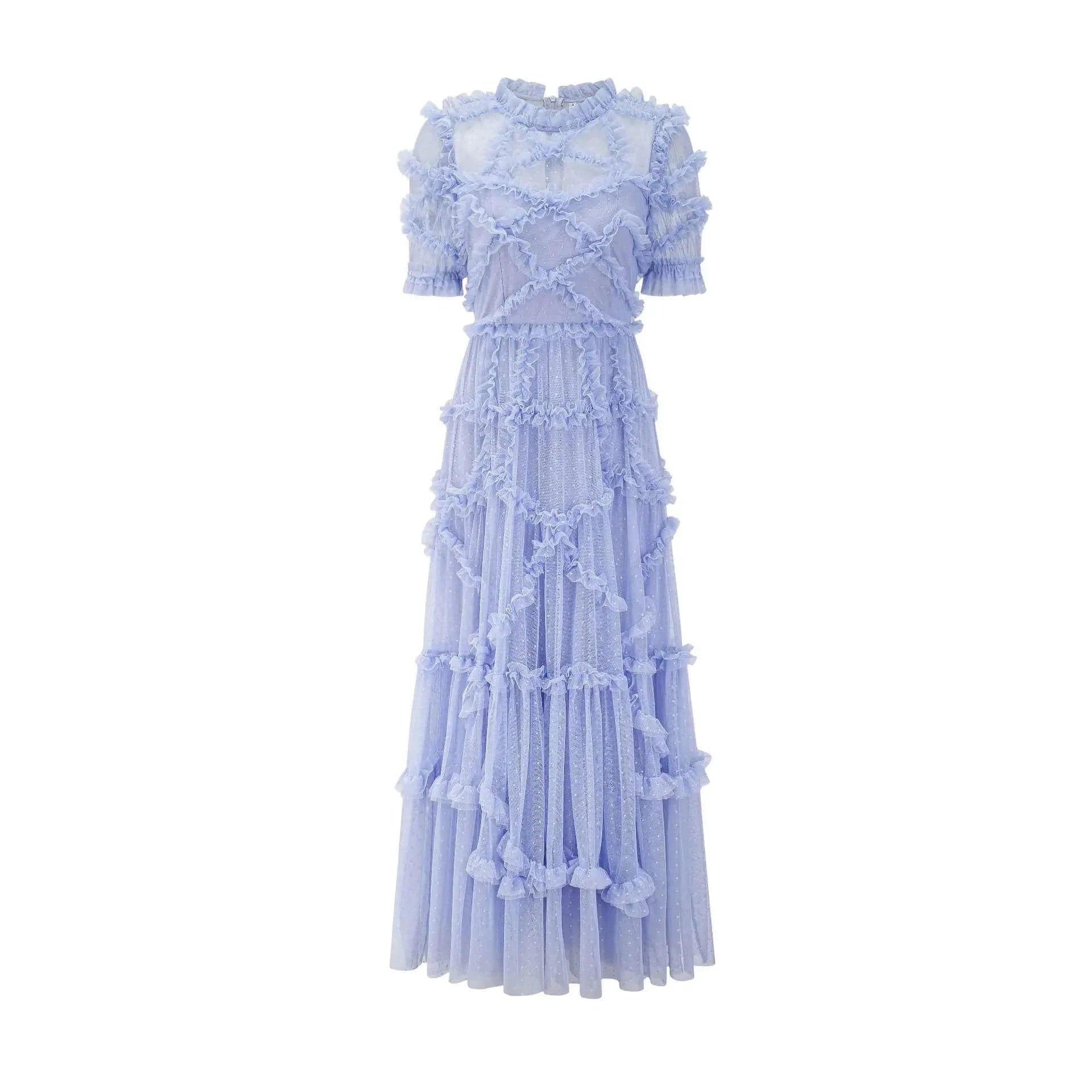 Top Quality New Long Party Lady Dress Dot Print Ruffle Flower Patterns Short Sleeve Sexy Tulle Mesh Dress Maxi