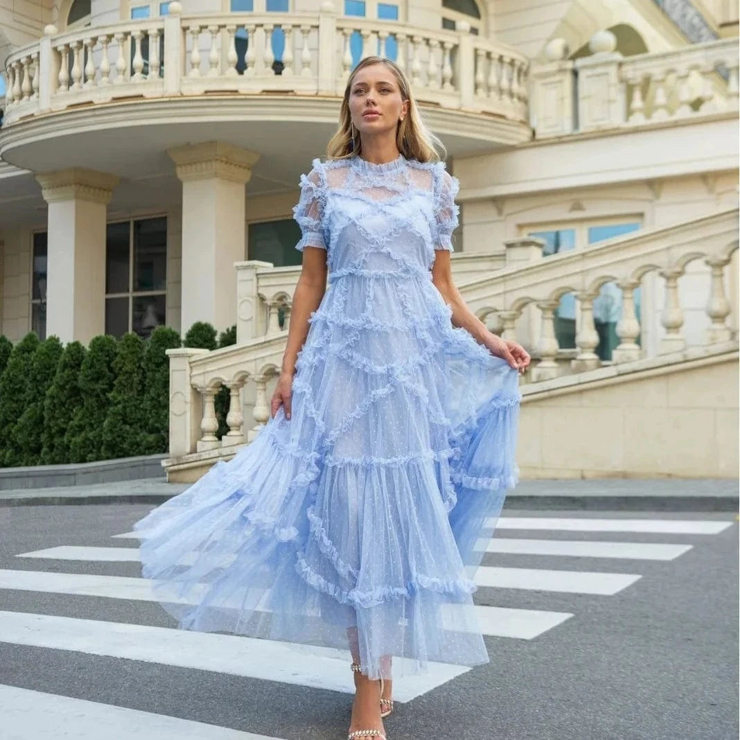 Top Quality New Long Party Lady Dress Dot Print Ruffle Flower Patterns Short Sleeve Sexy Tulle Mesh Dress Maxi