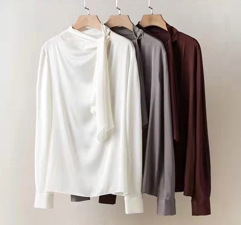 Top Quality Silk Blouses 2023 Spring Summer Silk Shirt Women Bow Deco Long Sleeve Elegant Grey Wine Red White National Silk Top