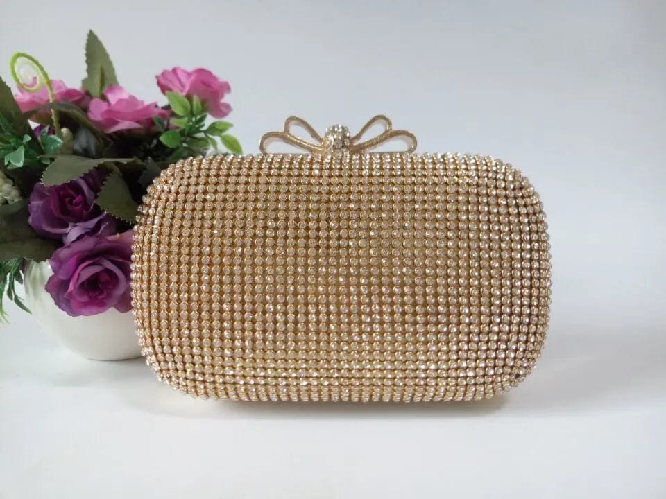 Top Sale Luxurious Trendy Elegant Gold Clutch Crystal Beaded Bag Evening Metal Hard Box Evening Full Rhinestone Bag For Lady