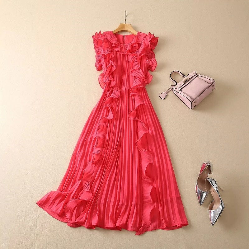 Tops Fashion Designer Dress 2023 Spring Summer Party Event Women Ruffle Flower Deco Sleeveless Mid-Calf Pleated Dress Pink Red