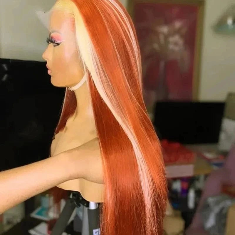Transparent 13* 4 Lace Front Wig Blonde Highlight Red Straight Human Hair Cuticle Aligned For Woman