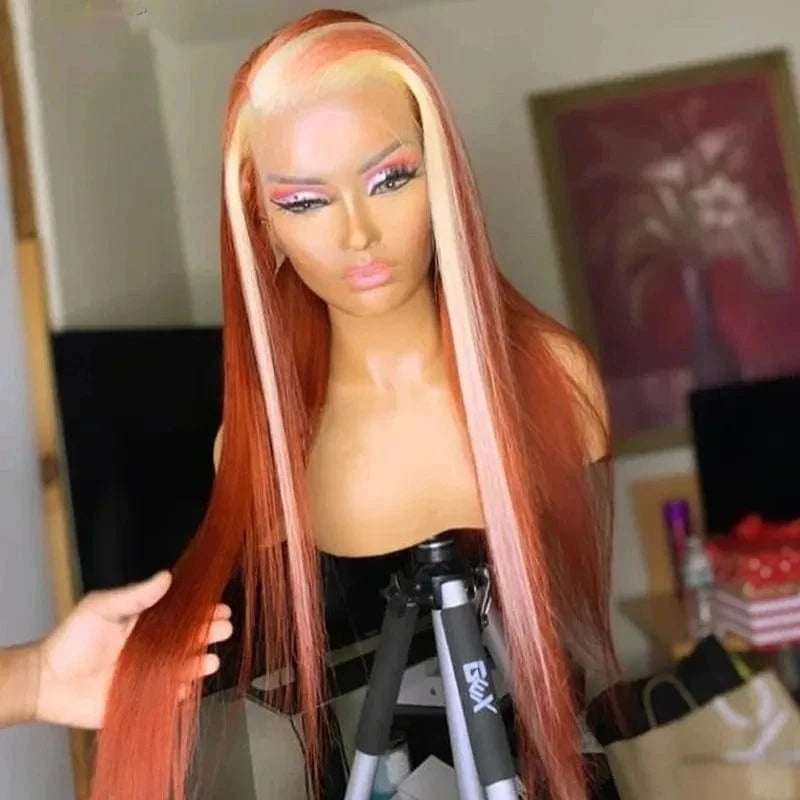Transparent 13* 4 Lace Front Wig Blonde Highlight Red Straight Human Hair Cuticle Aligned For Woman