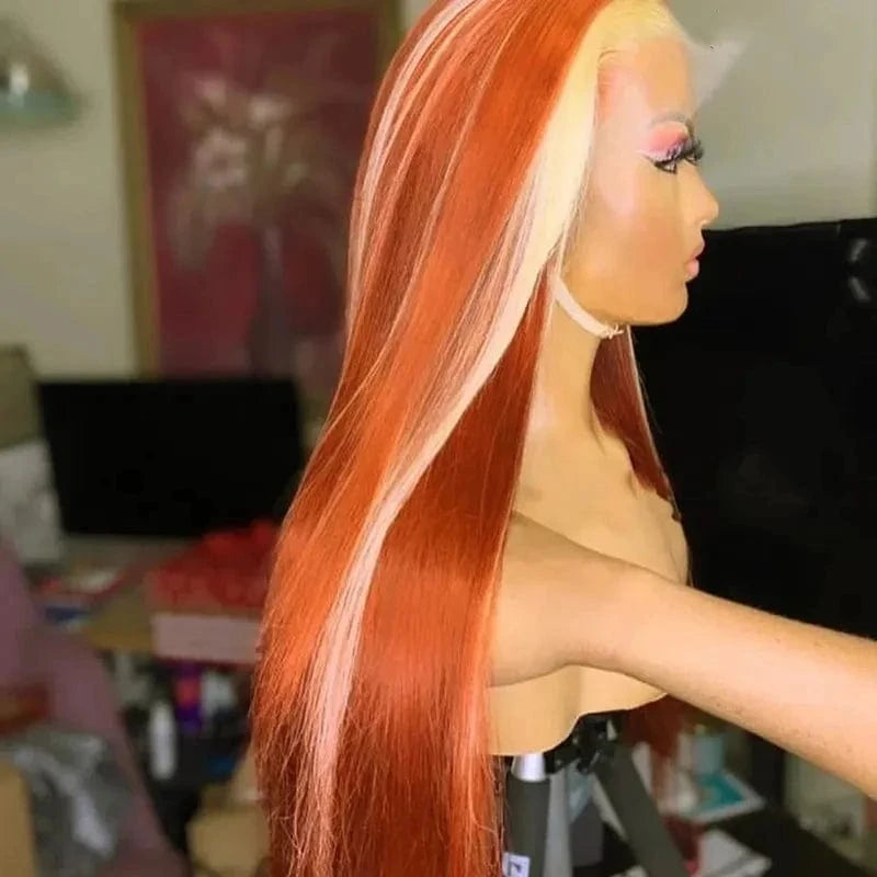 Transparent 13* 4 Lace Front Wig Blonde Highlight Red Straight Human Hair Cuticle Aligned For Woman