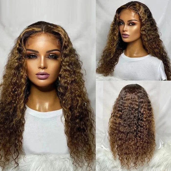 Transparent Lace Brown Highlight Color Kinky Curly Wig Free Part Virgin Human Hair Lace Front Wigs With Baby Hair