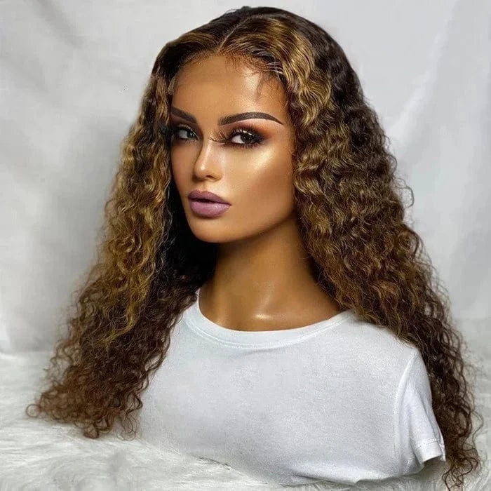 Transparent Lace Brown Highlight Color Kinky Curly Wig Free Part Virgin Human Hair Lace Front Wigs With Baby Hair