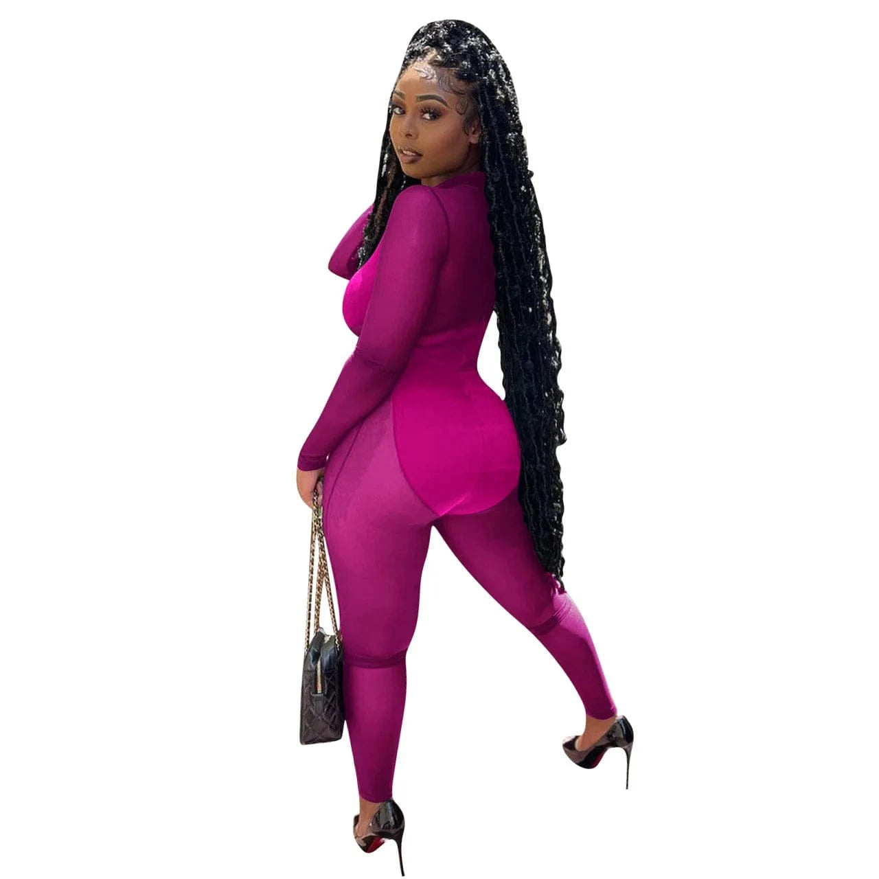 Transparent Mesh Long Sleeve Skinny Jumpsuit Streetwear See Through Bodysuit Autumn Solid One Piece Sheer Jumpsuit Women Romper