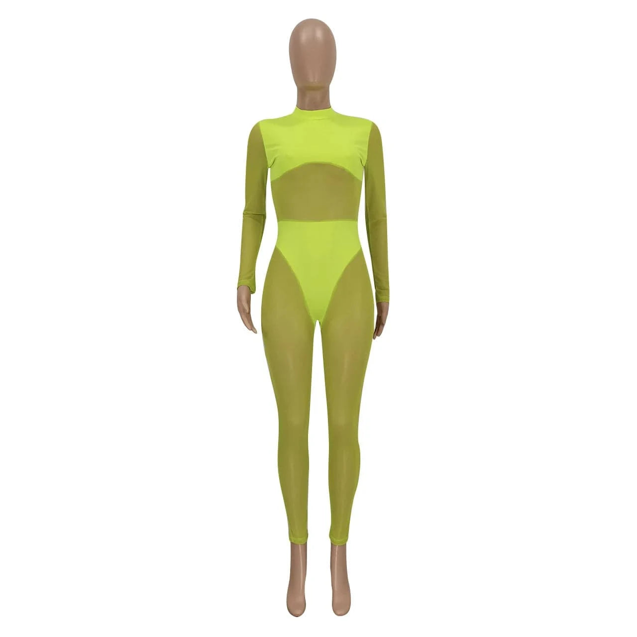 Transparent Mesh Long Sleeve Skinny Jumpsuit Streetwear See Through Bodysuit Autumn Solid One Piece Sheer Jumpsuit Women Romper