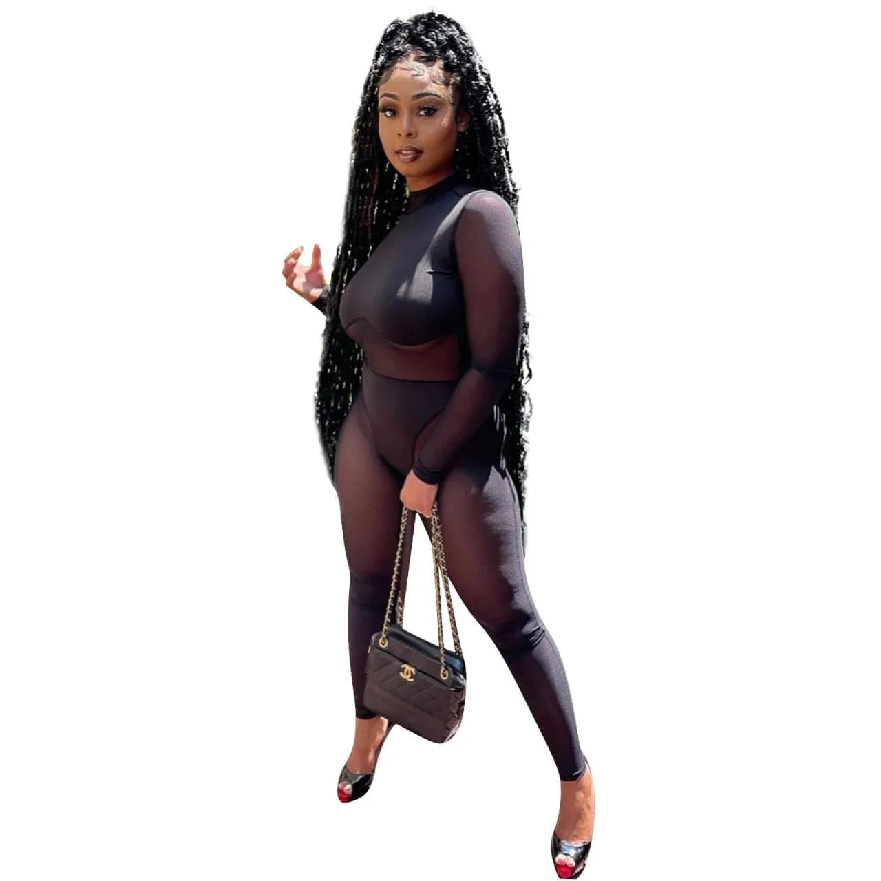 Transparent Mesh Long Sleeve Skinny Jumpsuit Streetwear See Through Bodysuit Autumn Solid One Piece Sheer Jumpsuit Women Romper