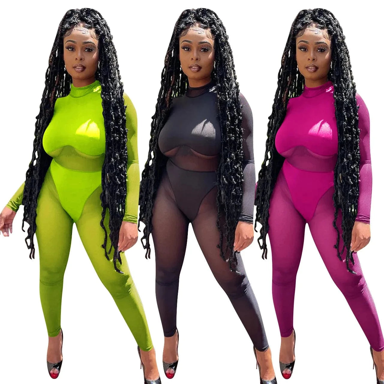 Transparent Mesh Long Sleeve Skinny Jumpsuit Streetwear See Through Bodysuit Autumn Solid One Piece Sheer Jumpsuit Women Romper