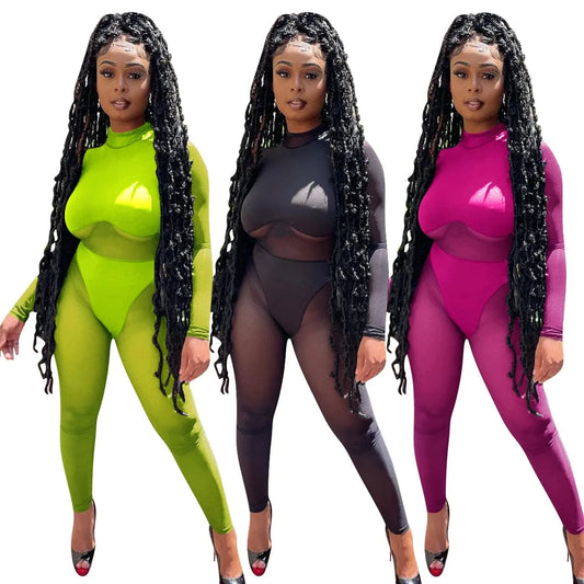 Transparent Mesh Long Sleeve Skinny Jumpsuit Streetwear See Through Bodysuit Autumn Solid One Piece Sheer Jumpsuit Women Romper