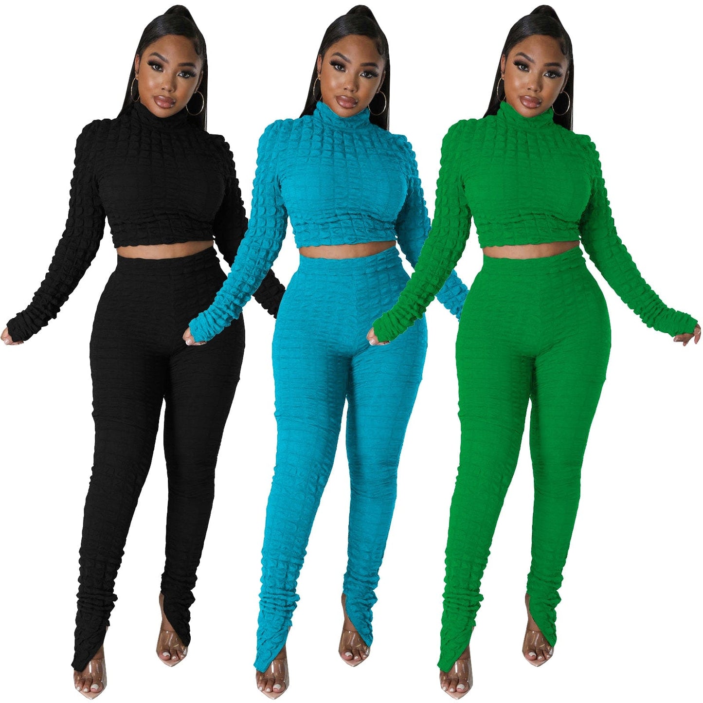 trending woman clothes 2022 new arrivals Trendy Women Clothes Casual Long Sleeve Bubble Fabric Pants Set