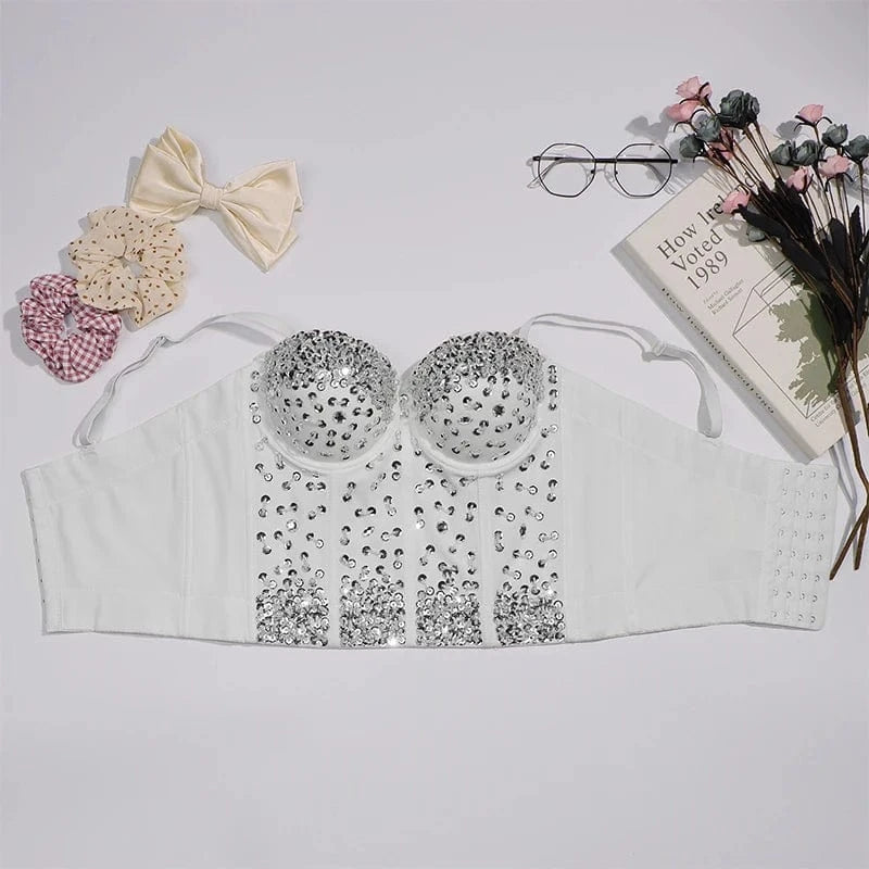 Trendy Clothes 2022 Womens Glass Diamond Bead Crop Top Night Shape Wear Corsets Bra