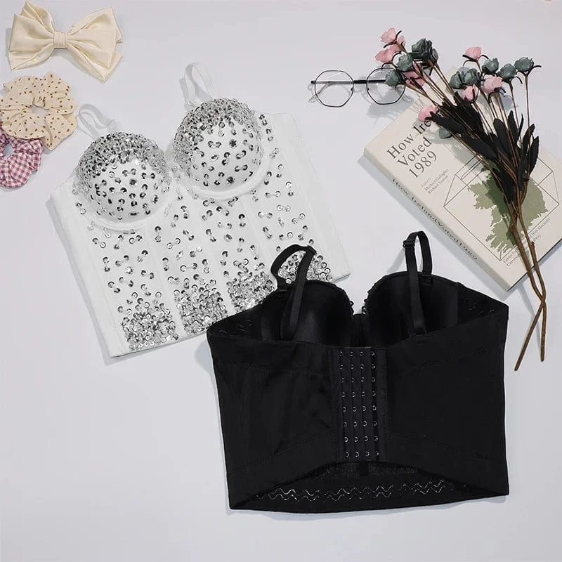 Trendy Clothes 2022 Womens Glass Diamond Bead Crop Top Night Shape Wear Corsets Bra