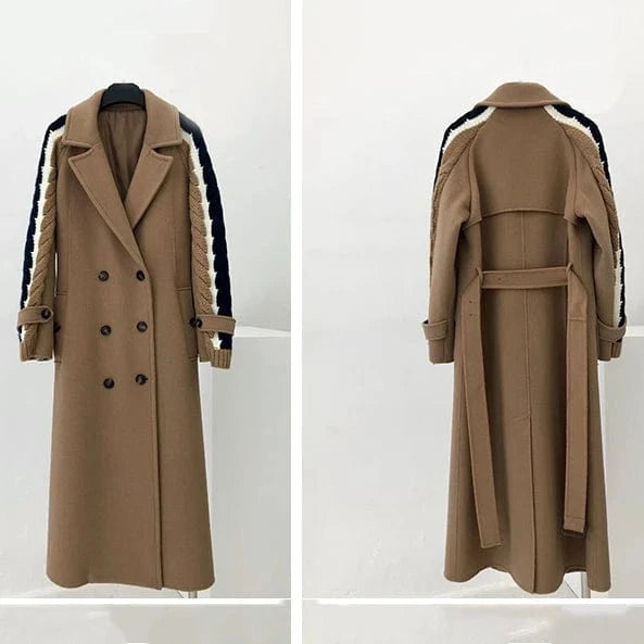 Trendy Custom Lady Wool Coat Splicing Sweater Sleeve Women Cashmere Coat